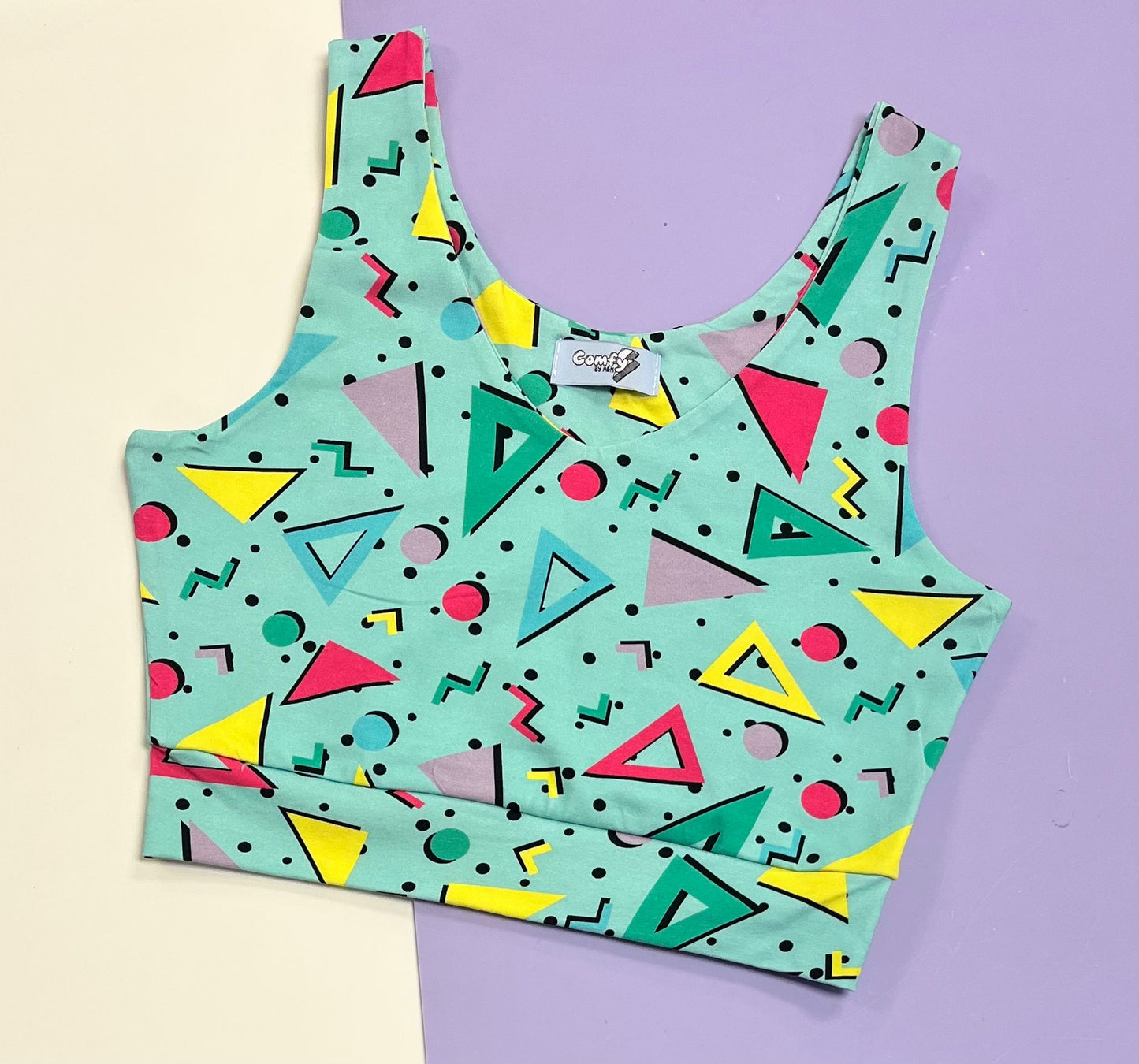 Comfy Adult Crop Top - Blue Retro Shapes - Ready Made