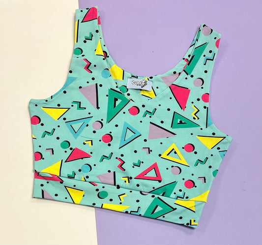 Comfy Adult Crop Top - Blue Retro Shapes - Ready Made