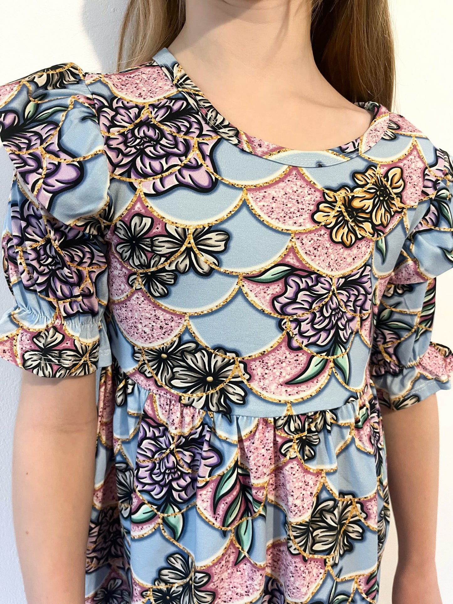 Pre Made Blue Floral Scales Short Sleeve Ruffle Dresses