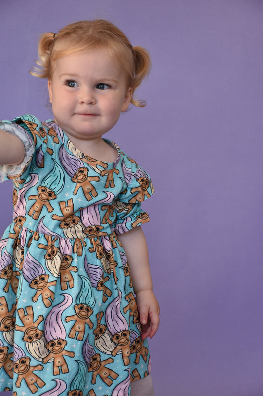 Pre Made Pastel Trolls Short Sleeve Ruffle Dresses - Troll Hair Don’t Care Dress