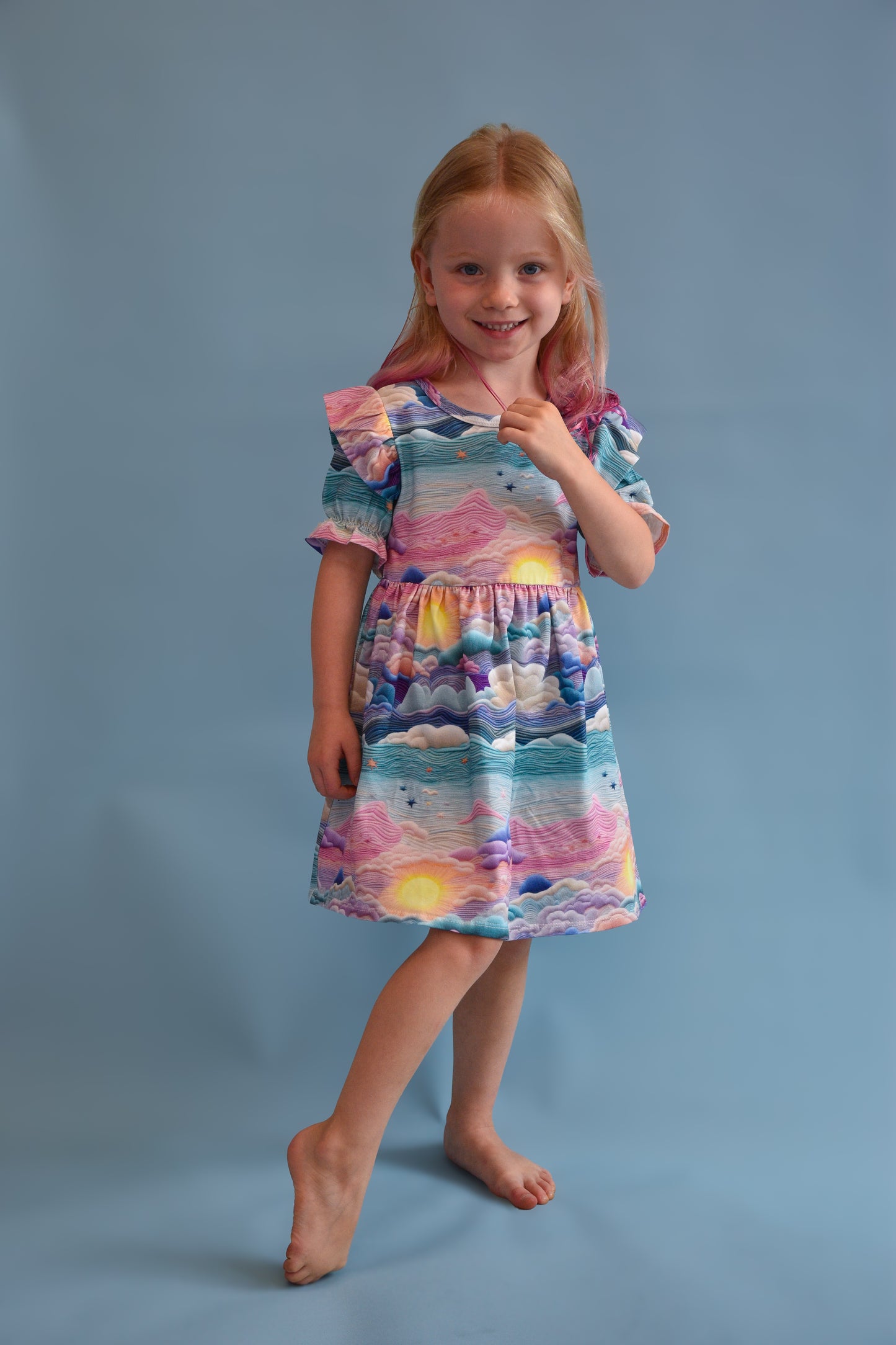 Pre Made Pretty Sunsets Short Sleeve Ruffle Dresses – Handmade Sunset Cloud Print Dress for Kids
