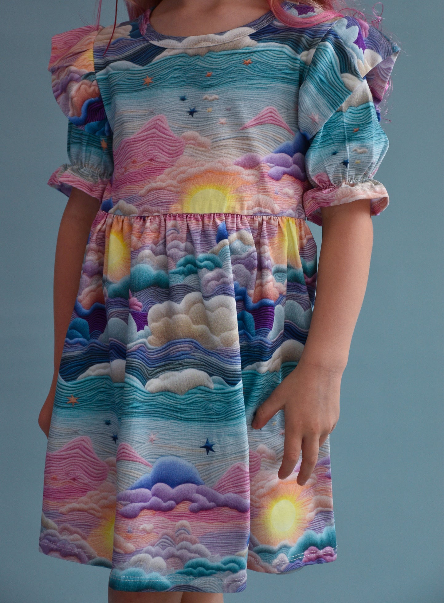Pre Made Pretty Sunsets Short Sleeve Ruffle Dresses – Handmade Sunset Cloud Print Dress for Kids